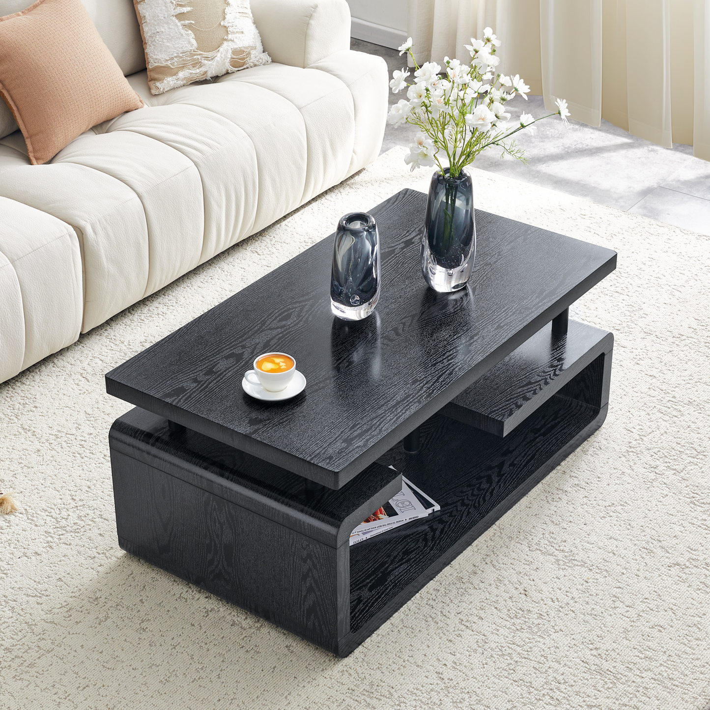 Three-Tier MDF Coffee Table with Black Wood Grain Finish, Modern Multi-Layer Storage Coffee Table Sturdy Frame for Living Room Office image 2