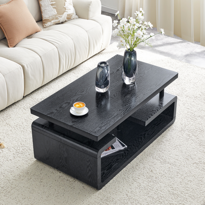 Three-Tier MDF Coffee Table with Black Wood Grain Finish, Modern Multi-Layer Storage Coffee Table Sturdy Frame for Living Room Office image 2