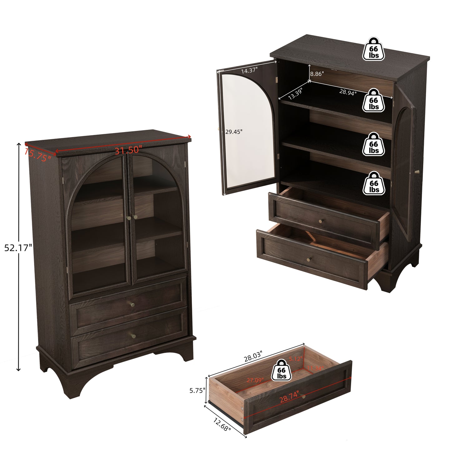52.17"H Glass Door Display Case Storage Cabinet with 2 Drawers and Adjustable Shelf, Spacious Storage Solutions, Curio Cabinet for Living Room, Bedroom, Kitchen and Office, Brown image 5