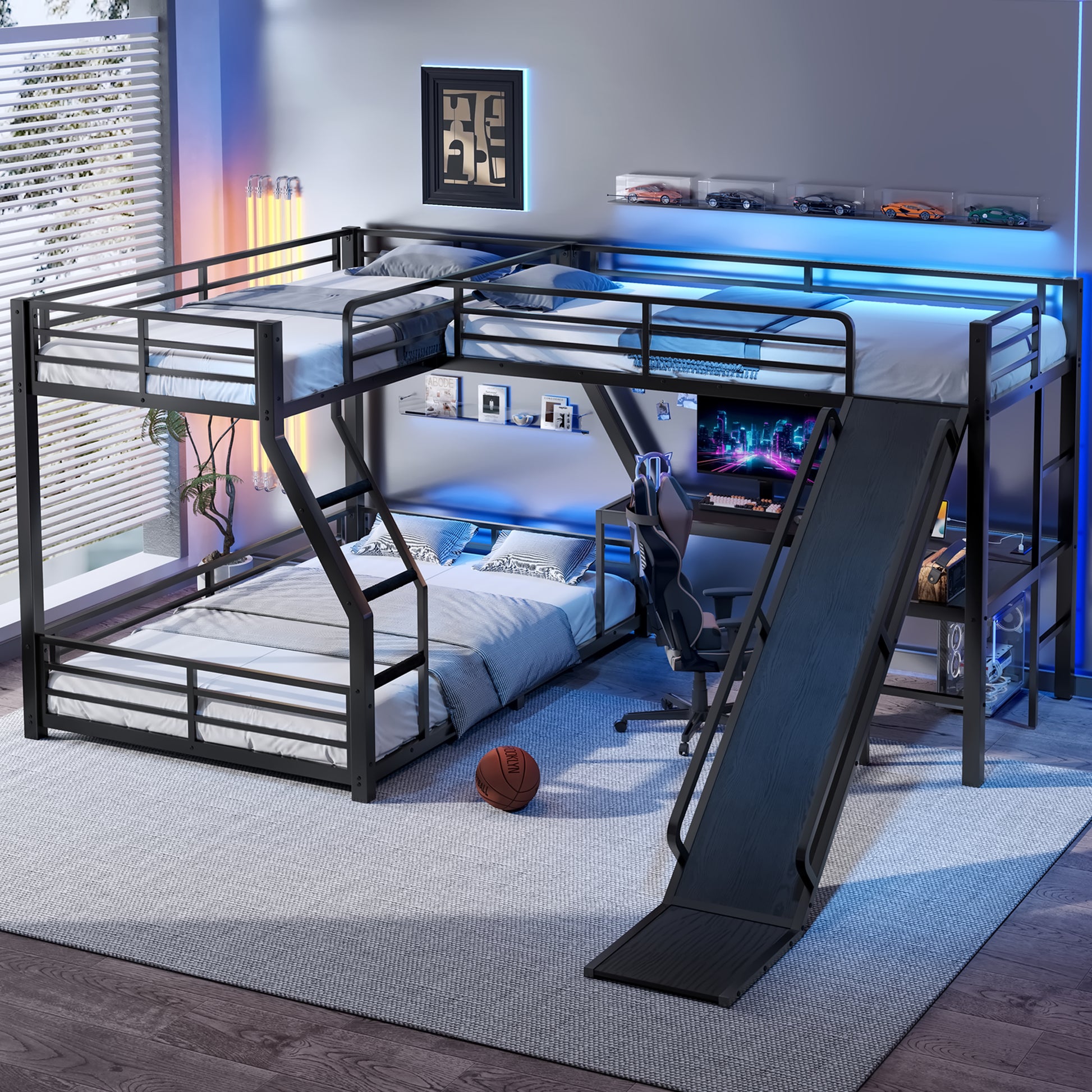 L-Shaped Twin over Full Bunk Bed with Twin Size Loft Bed, Metal Triple Bunk Bed with Slide and USB Ports, Space-saving and Noise-free Design, Black image 2