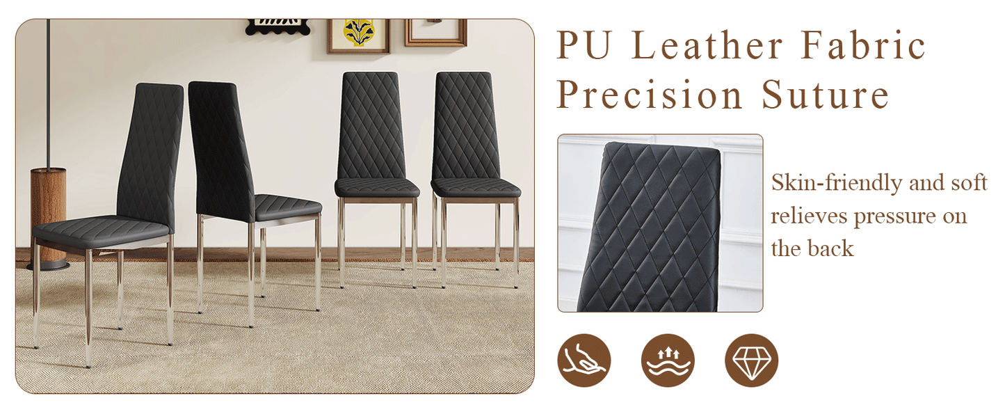 Modern Style Dining Chairs Set of 4 in Black, Essential for Minimalist Homes.Meeting Family Dining Needs,PU Material Seat,Silver Metal Legs,Blending into Various Home Environments.W1151107272 image 10