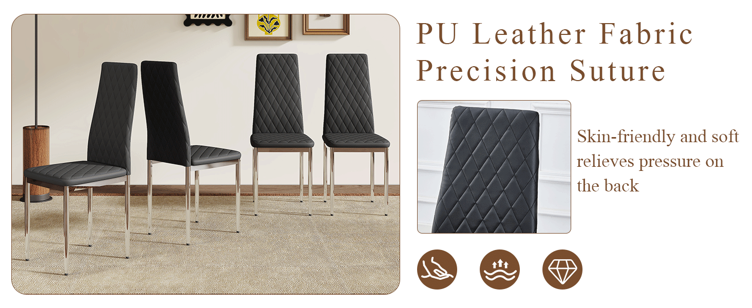 Modern Style Dining Chairs Set of 4 in Black, Essential for Minimalist Homes.Meeting Family Dining Needs,PU Material Seat,Silver Metal Legs,Blending into Various Home Environments.W1151107272 image 10