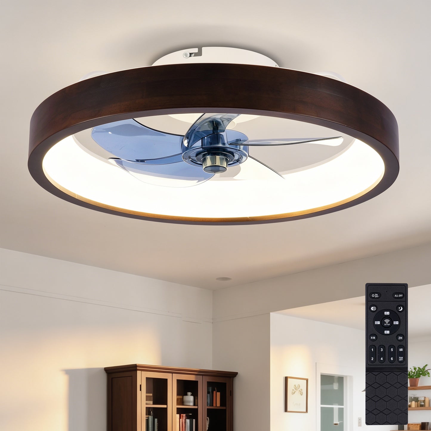 20" Modern Flush Mount Ceiling Fans with Lights Kit (LED), 3000-6500K Dimmable LED Fan Light, 6 Speeds, Quiet DC Motor For Living room, Bedroom,Kitchen----Wood+White image 2