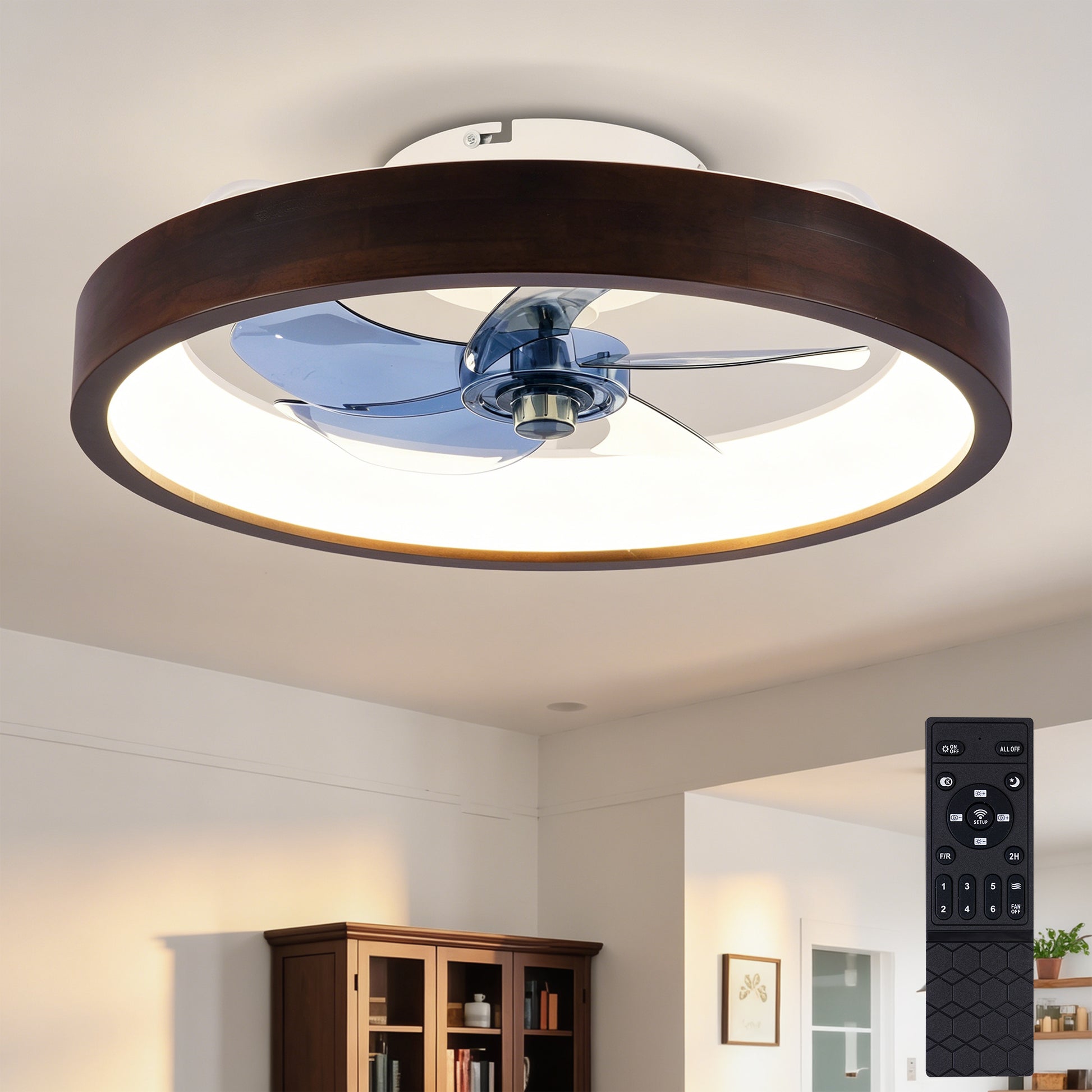20" Modern Flush Mount Ceiling Fans with Lights Kit (LED), 3000-6500K Dimmable LED Fan Light, 6 Speeds, Quiet DC Motor For Living room, Bedroom,Kitchen----Wood+White image 2