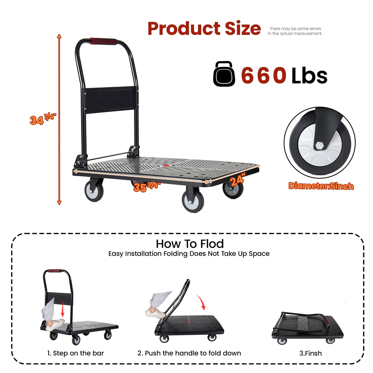 35-3/4" Long x 24" Wide Platform Truck, Foldable Handcart with 5'' TPR 360-Degree Silent Wheels, 660lbs Heavy-Duty Push Dolly Cart, 4 Steel Load-Bearing Beams for Warehouse Garage Home Use image 6