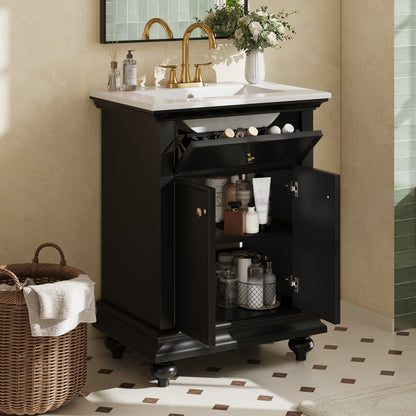 24" Modern Bathroom Vanity with A Tip-Out Drawer & Soft-Close Hinges, Bathroom Cabinet with Back Open Structure, Ball-Turned Legs with French Elegance image 4