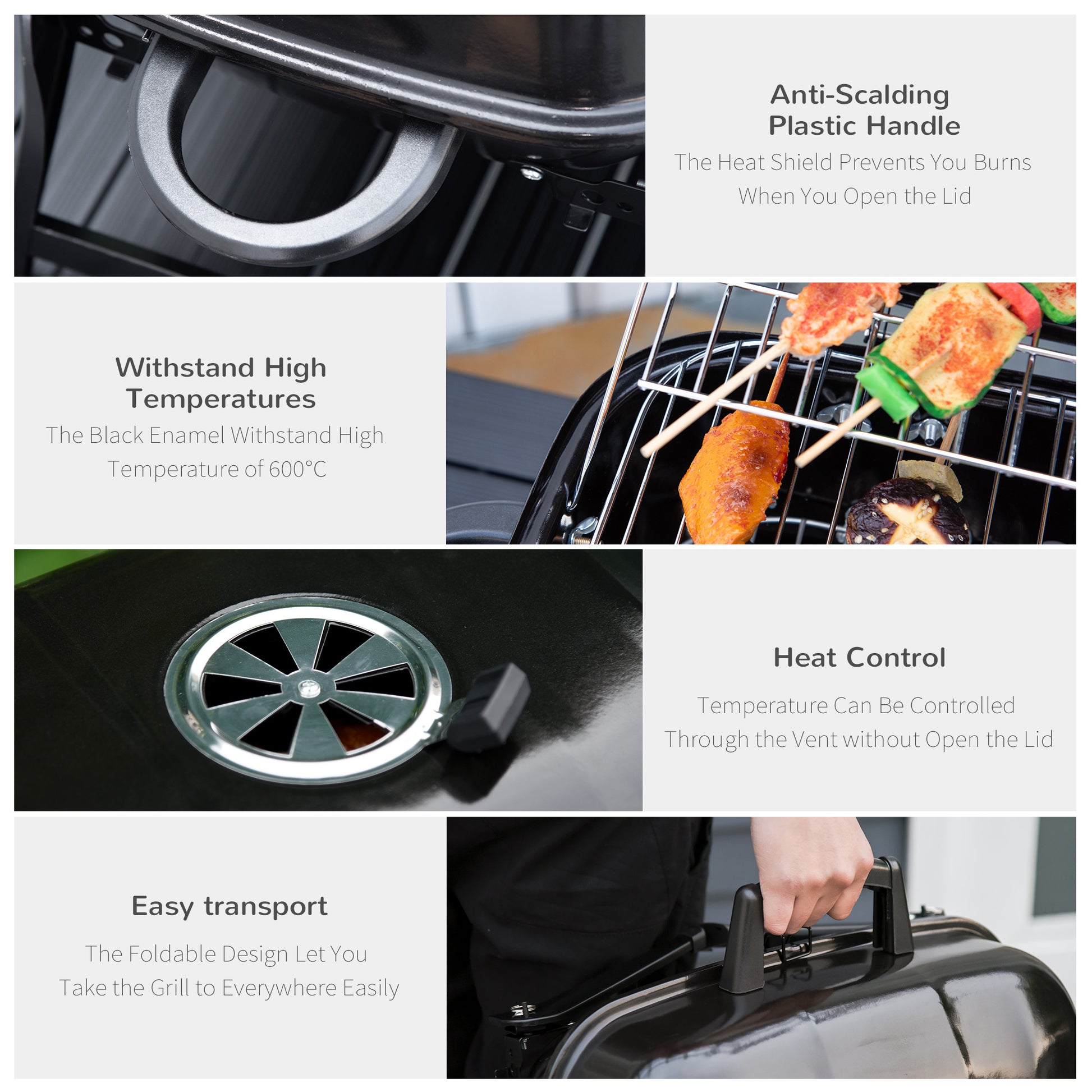 Outsunny 14" Portable Charcoal Grill, Tabletop Small BBQ Grill for Outdoor Cooking, Camping, Tailgating, Enamel Coated, Vent, Folding Legs, Black image 6