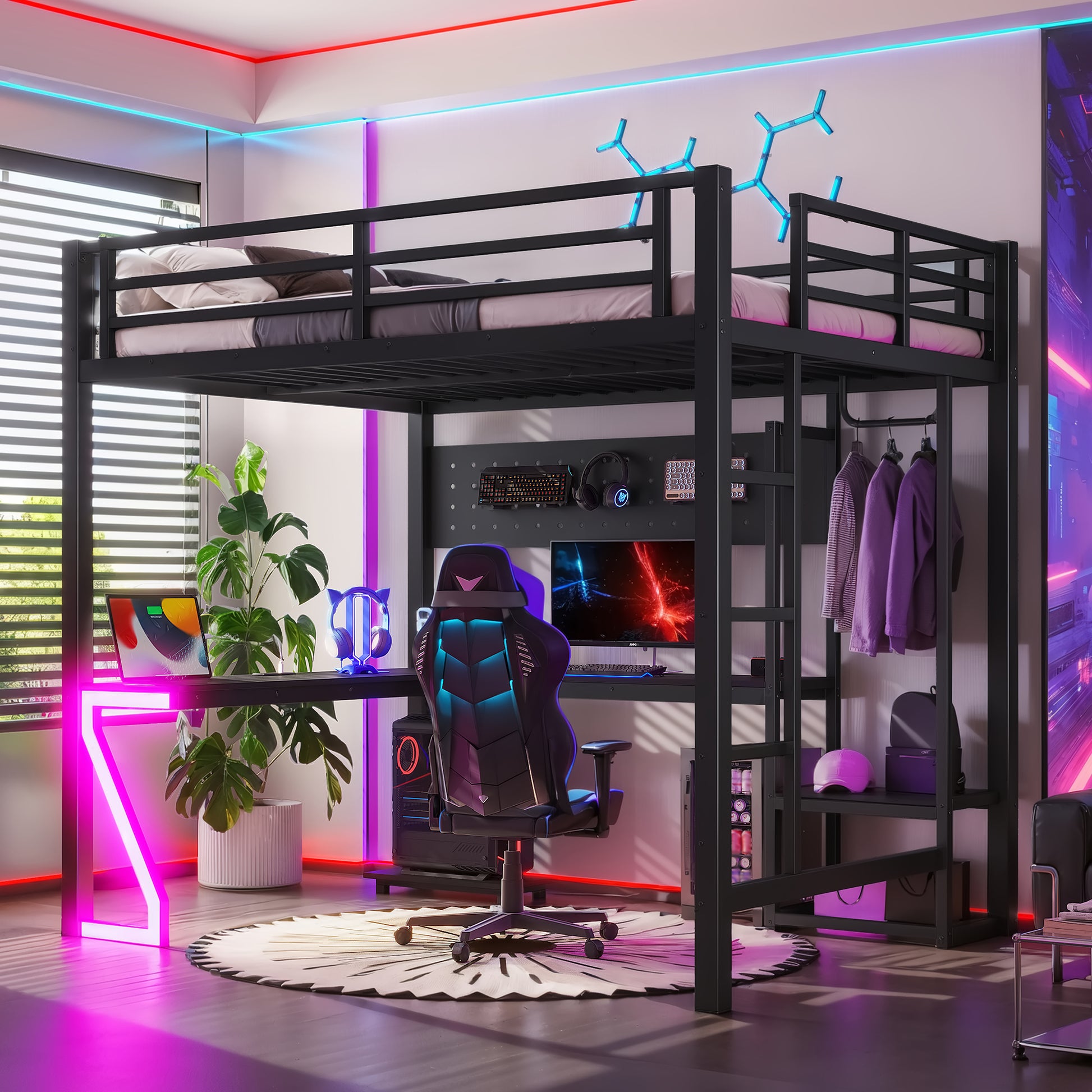 Full Loft Bed with L-shaped Desk and USB Ports, Metal Loft Bed with Computer Tray, Peg Board, and Gaming Style Z-shaped Lights, Black image 3