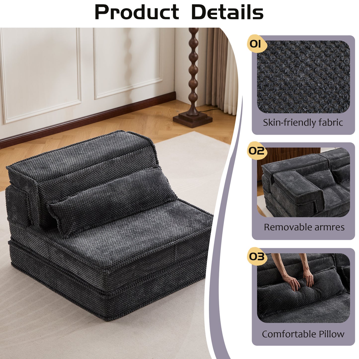Compression Mahjong Sofa,Convertible Floor Sofa Bed,DIY Boneless Modular Sectional Sofa,No Assembly Required,Circle fleece fabric,Oversized Single Sofa with 1 Pillow,Dark Grey image 5