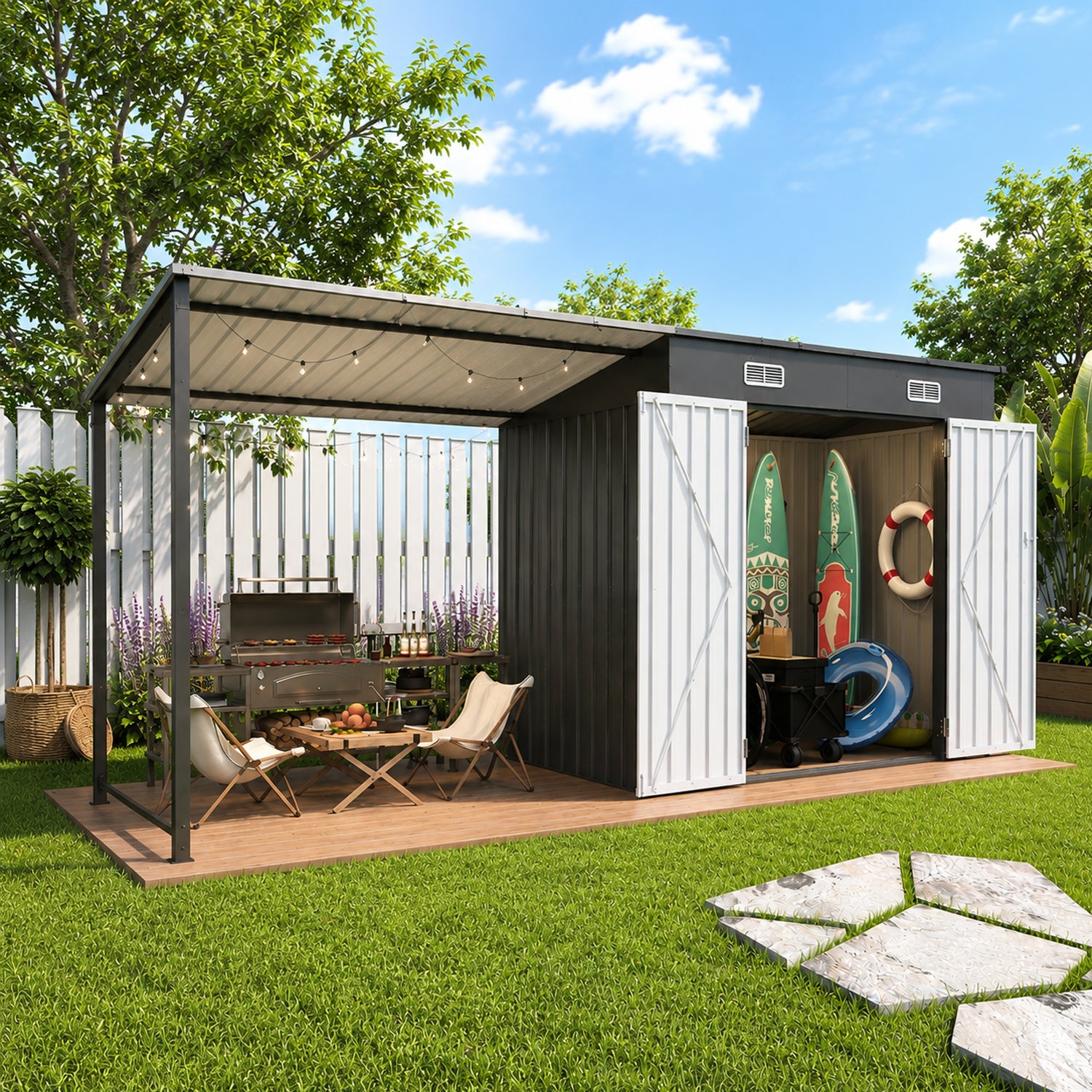 12x4 FT Metal Lean-To Shed with Pergola, 6x4 FT Outdoor Storage Shed & Hardtop Gazebo Combo, 2-in-1 Garden Tool Shed with Open Side for Patio, Backyard, Deck image 9