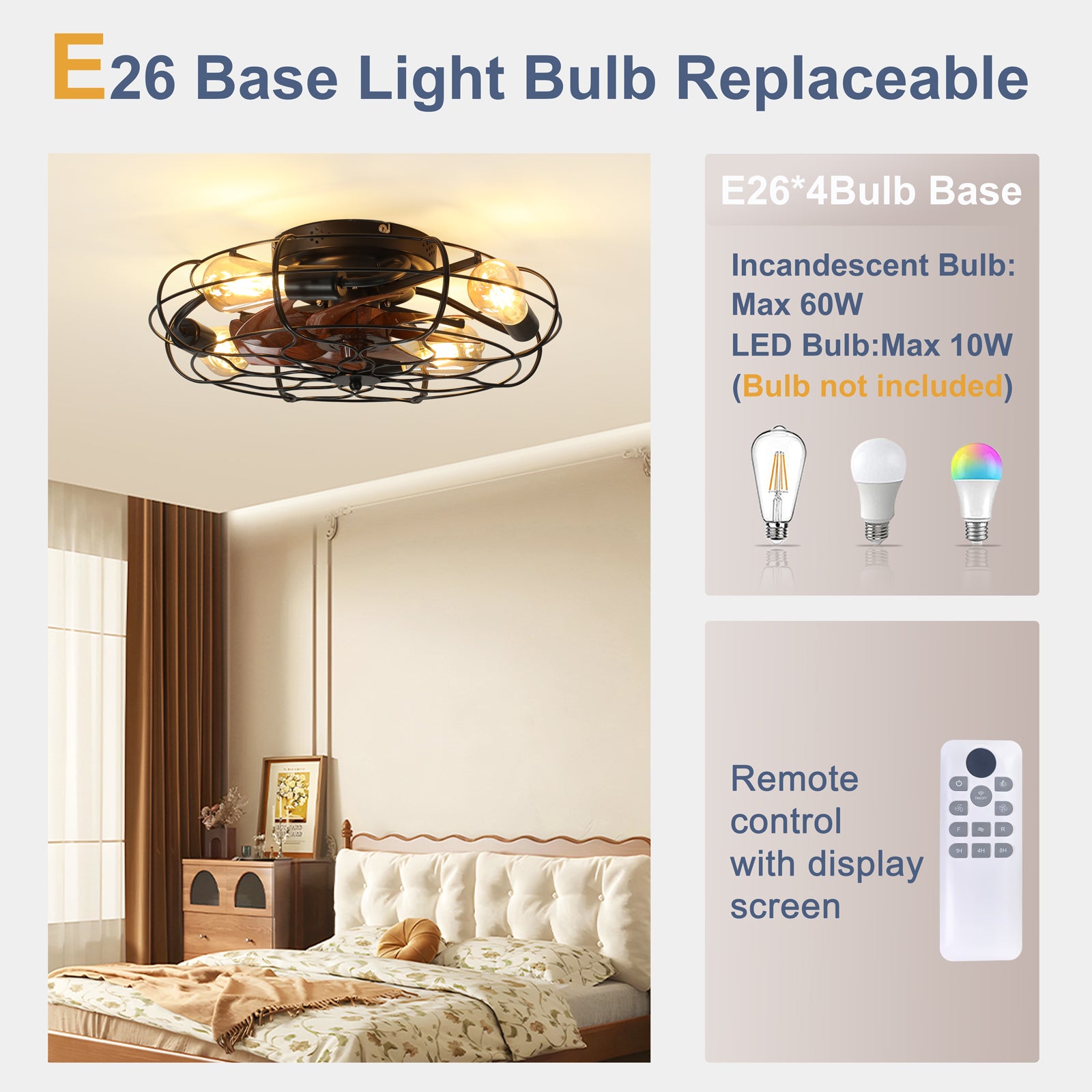 19.7" Industrial Caged Ceiling Fan with Light, 6-Speed Reversible DC Motor, E26 Bulb Base, Remote Control, Timer, Low Noise <30dB, Farmhouse/Industrial Decor for Bedroom/Living Room Kitchen image 2