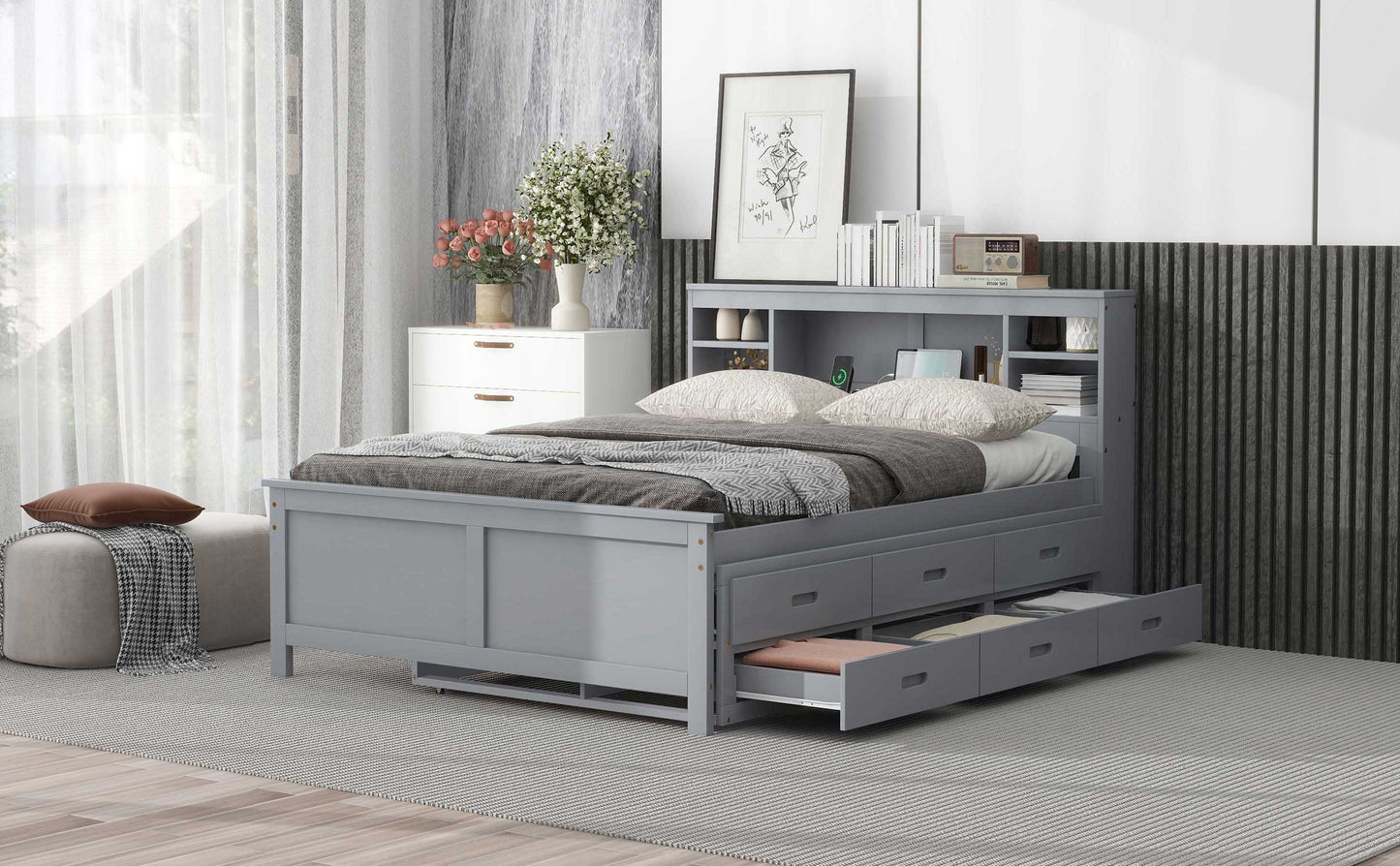 Full Size Platform Bed with Storage Headboard, USB, Twin Size Trundle and 3 Drawers, Gray image 5