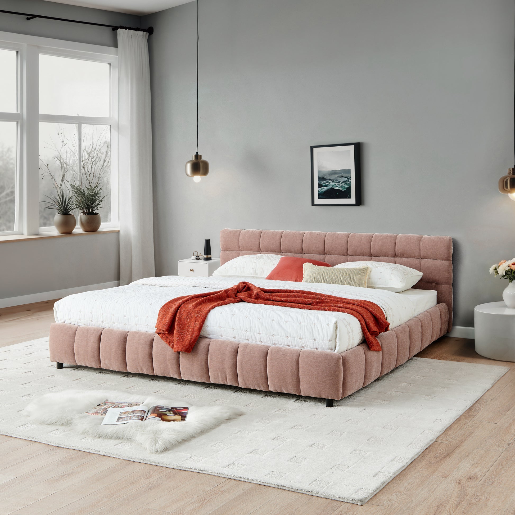 California King size Upholstered Bed,comfortable upholstered bed frame, Chenille fabric, with headboard and solid bed frame. With drawer for storage.-Pink(90.5''*80.5''*31'') image 4