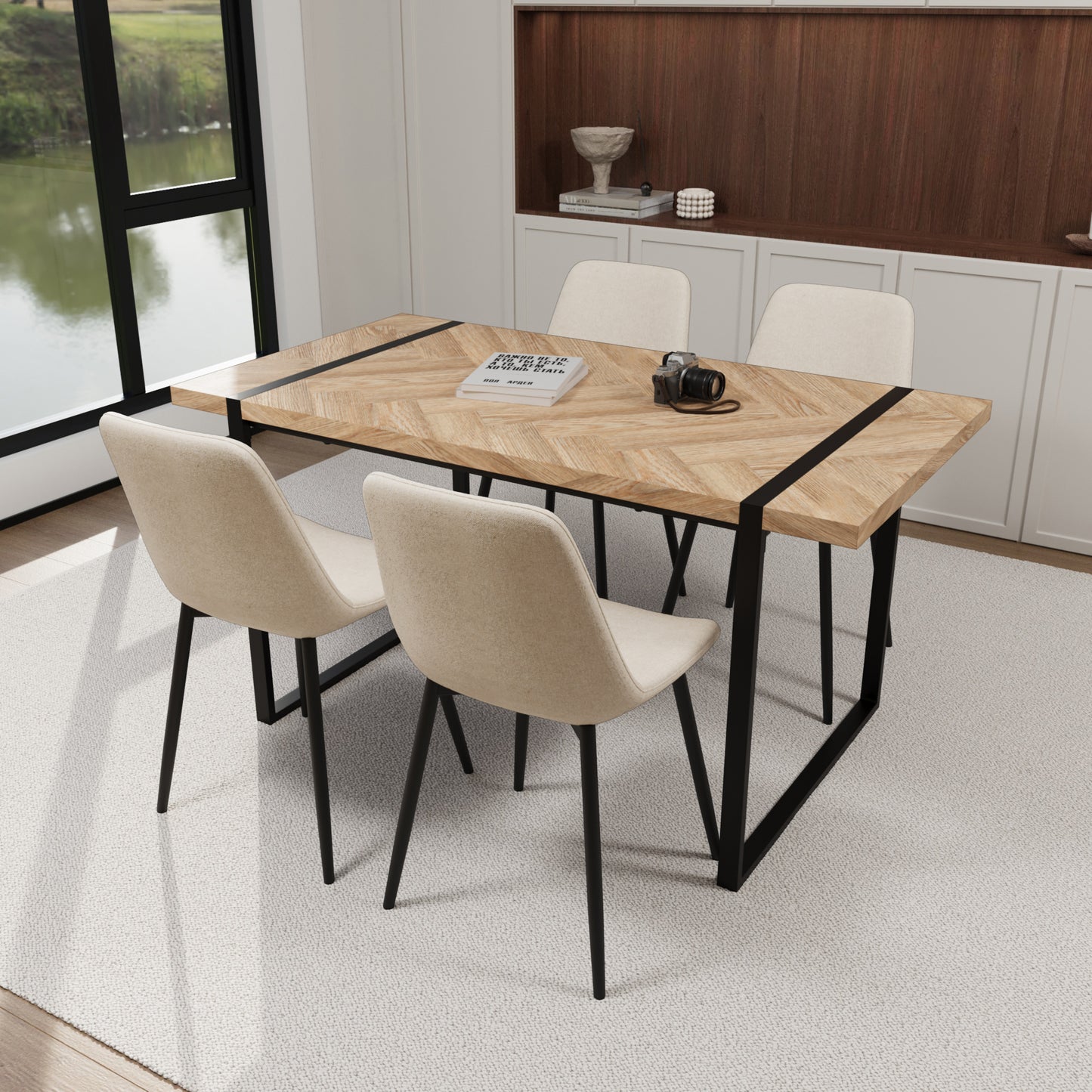 59" MDF light wood dining table and modern dining chair 4-piece set, medieval wooden kitchen dining table set, rectangular metal base, dining table and suede chair image 4