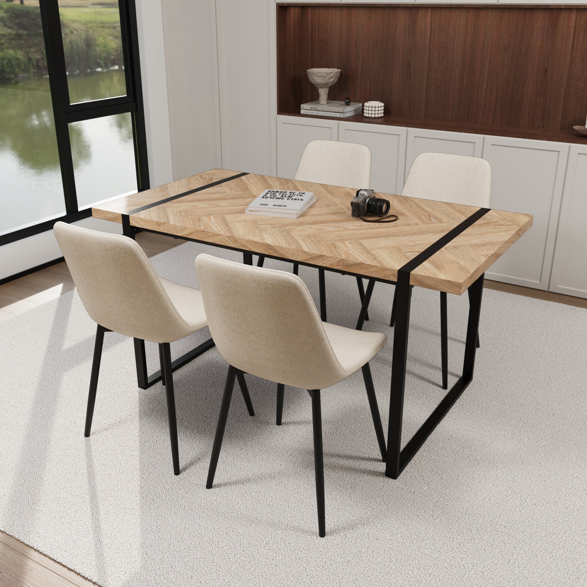 59" MDF light wood dining table and modern dining chair 4-piece set, medieval wooden kitchen dining table set, rectangular metal base, dining table and suede chair image 4