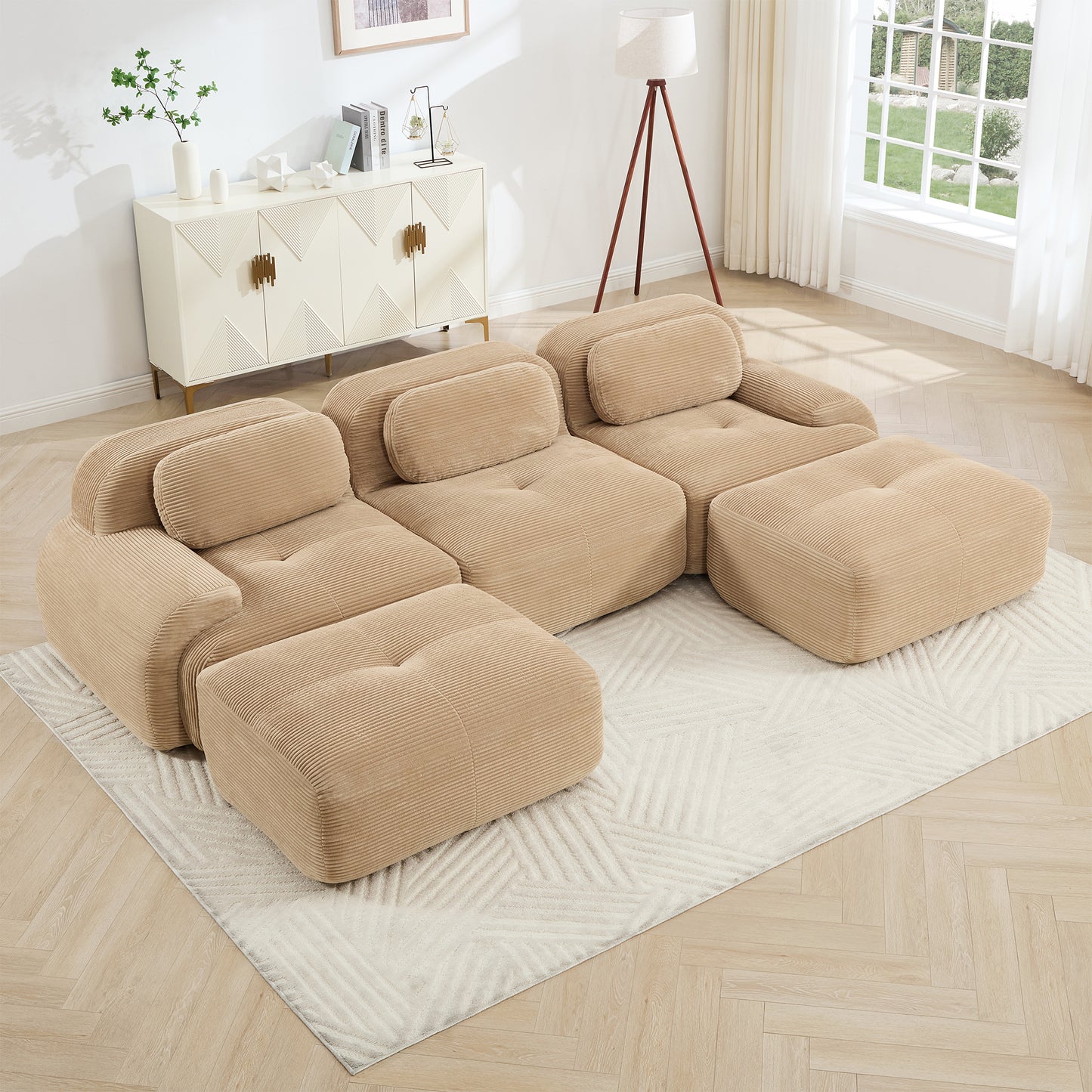 U-shaped modular sofa premiumCorduroy Fabric fabric no assembly anti-slip design pet-friendly extra-wide curved armrests 32D high-resilience sponge for living rooms bedrooms studie,Camel image 1