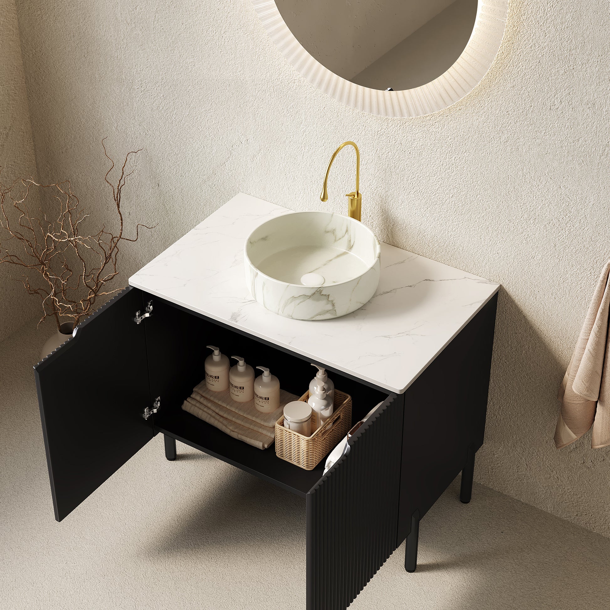 TURIO 30" Bathroom Vanity with Sink, Freestanding Bathroom Storage Cabinet with 2 Doors, White Round Ceramic Basin with Stone Pattern and Carrara White Counter Top, No Faucet, Black Color image 2