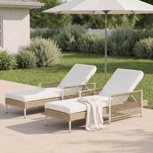 TOPMAX Outdoor All-Weather PE Rattan Chaise Lounge, Minimalist Patio Wicker Lounge Chair with 6 Gear Adjustable Recliner, Arms and Cushion for Poolside, Deck, Set of 2, Beige image 1