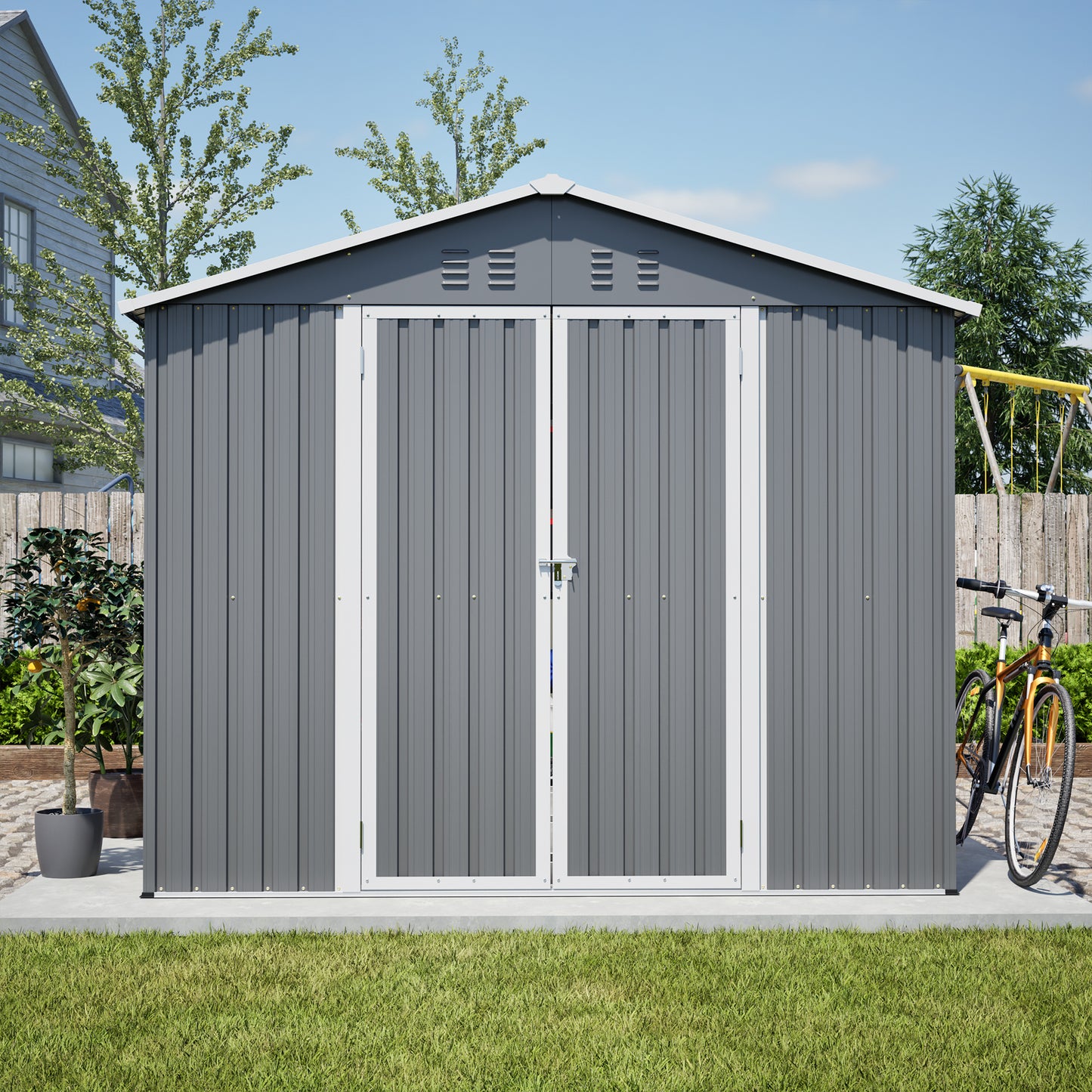 8 x 12 FT Outdoor Storage Shed, Large Metal Tool Storage with Aluminium Frame and Lockable Doors, Storage for Backyard Garden Patio Lawn, Grey image 10