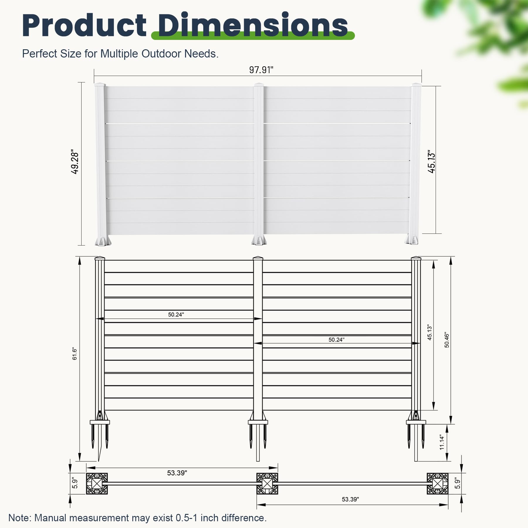 50" W x 49" H Outdoor Privacy Screen, Air Conditioner Fence, All-Weather Vinyl Privacy Fence Screens with Aluminum Posts, 2 Panels, White image 2