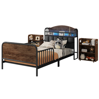 Twin Size Metal Platform Bed Frame with Light, Kids Twin Metal Bed with Upholstered and Pull Out Storage Shelves, Black (Expect Arrival Date 2025/10/5) image 12