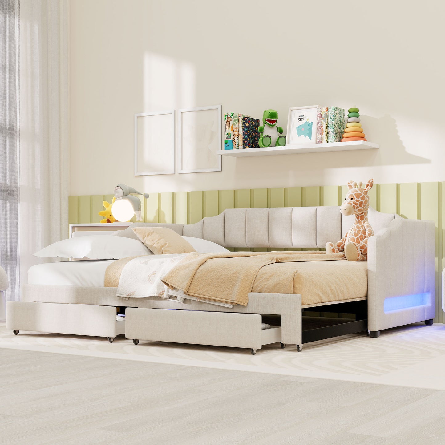 Twin XL Size Extendable Upholstered Daybed with Two Storage Drawers and LED Light,Twin XL to King Daybed,Beige image 1