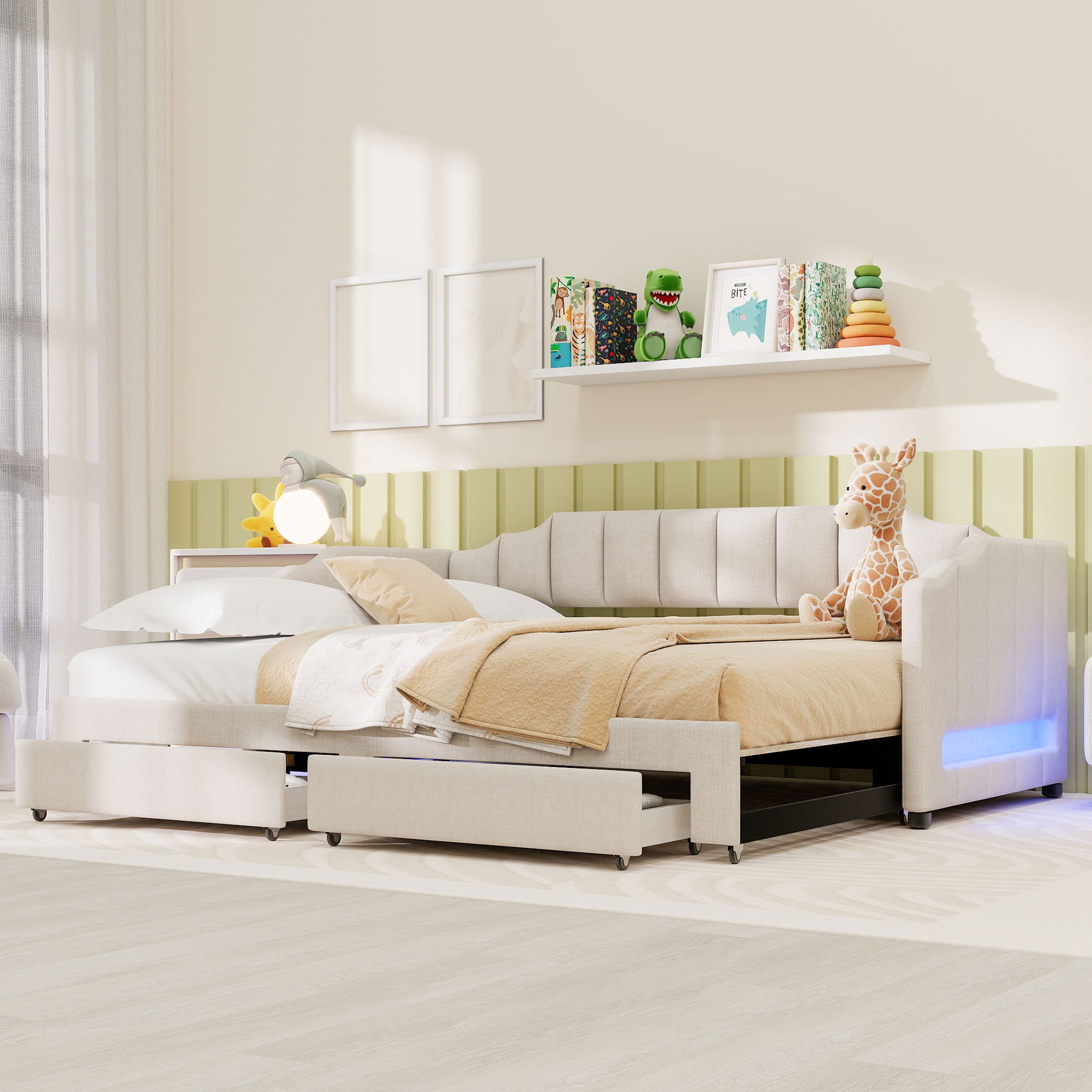 Twin XL Size Extendable Upholstered Daybed with Two Storage Drawers and LED Light,Twin XL to King Daybed,Beige image 1