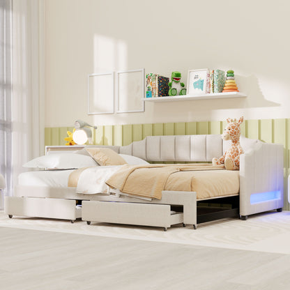 Twin XL Size Extendable Upholstered Daybed with Two Storage Drawers and LED Light,Twin XL to King Daybed,Beige image 1