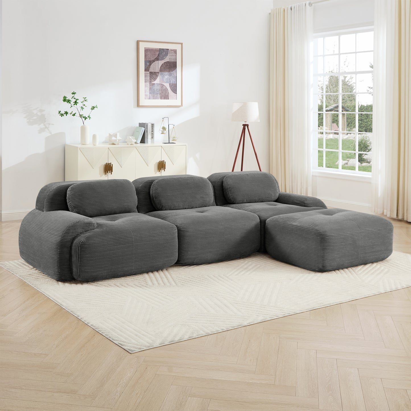 L-shaped modular sofa no assembly ergonomic design pet-friendly luxuryCorduroy Fabric fabric extra-wide curved armrests 32D high-resilience sponge for living rooms bedroom,Grey image 3