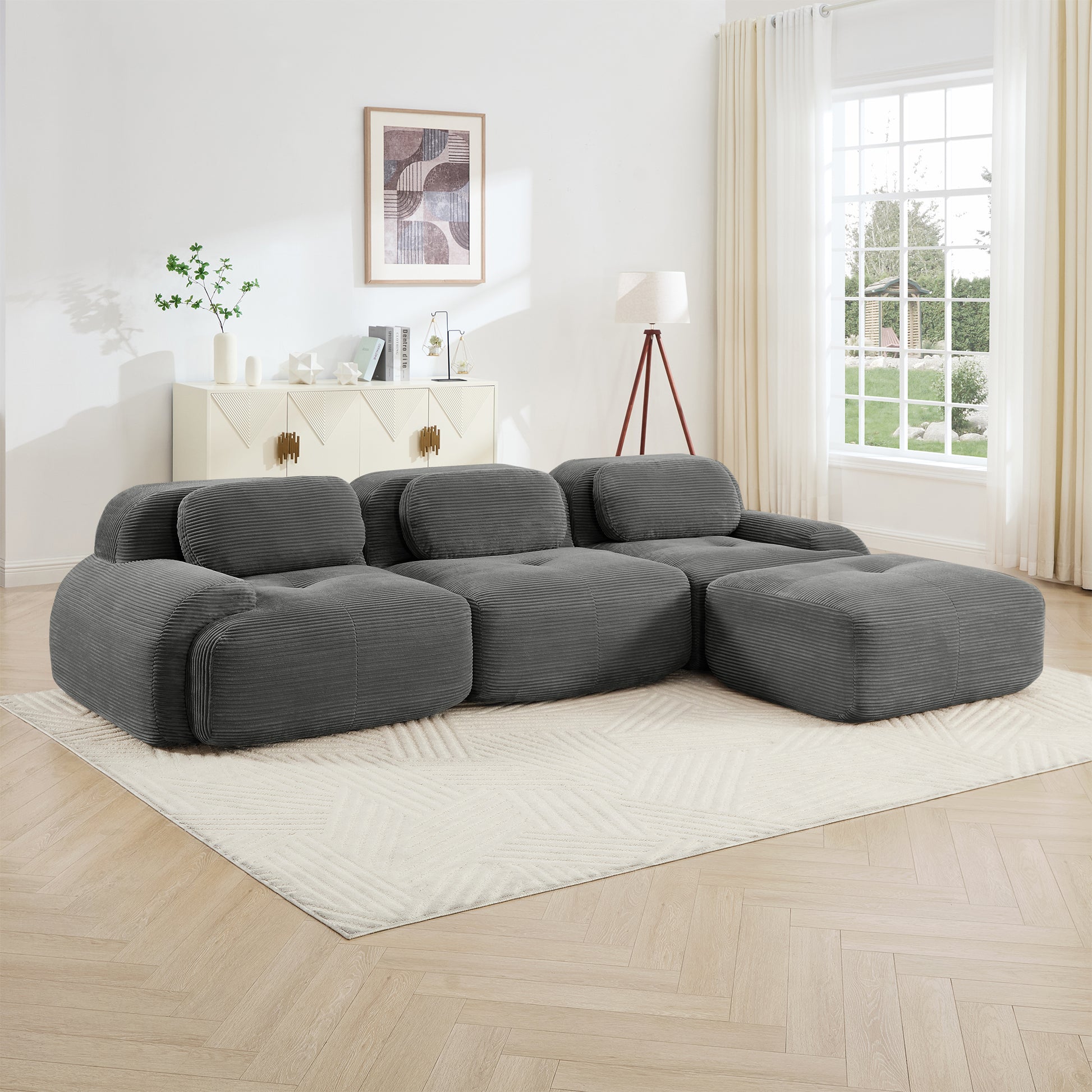 L-shaped modular sofa no assembly ergonomic design pet-friendly luxuryCorduroy Fabric fabric extra-wide curved armrests 32D high-resilience sponge for living rooms bedroom,Grey image 3