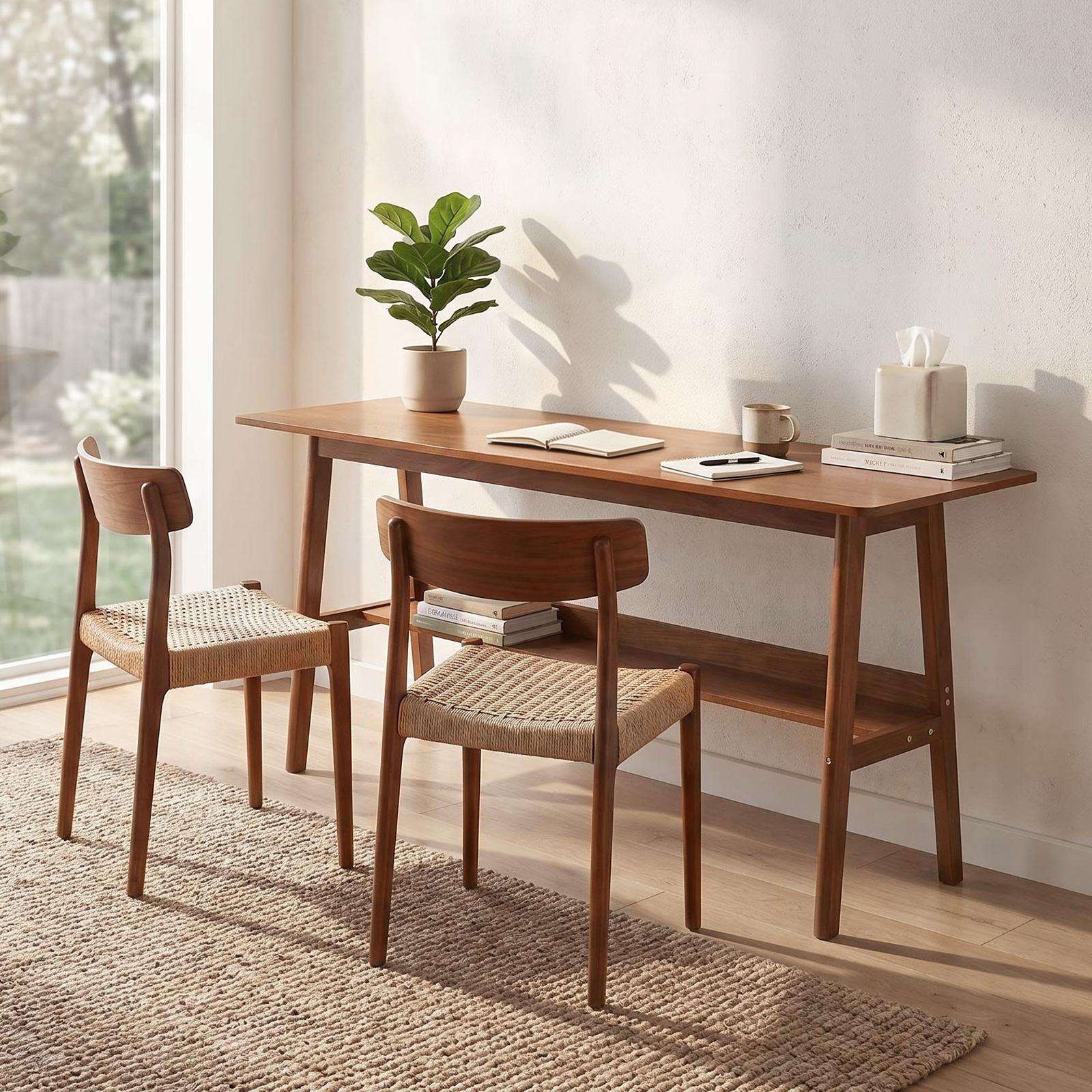 63" Simple Modern Extra Long 2 Person Computer Workstation, Mid Century Long Desk Table with Storage Shelves for Home Office Use in Walnut image 2