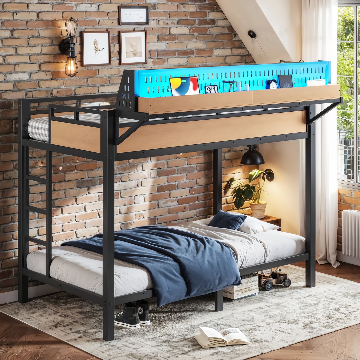 Twin XL over Twin XL Size Metal Bunk Bed with Storage Shelves and Pegboard, Bunk Bed Frame with USB Ports and LED Lights, Space-Saving, for Teens and Adults, Natural image 5