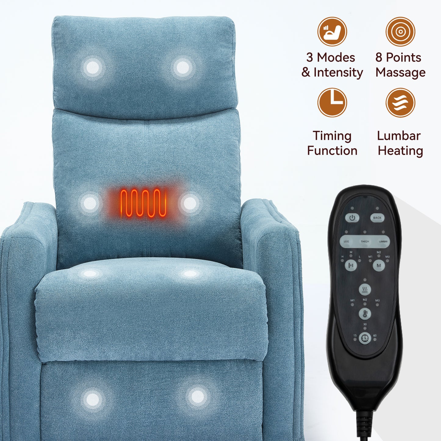 Heat Massage Manual Recliner Chair with Rocker and Swivel in Fabric for Living Room, Blue image 8