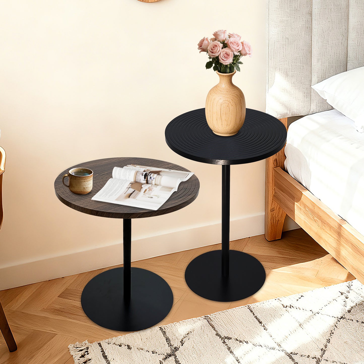 Set of 2 Small Round Side Table Wooden Concentric Circles Coffee Table for Two Metal Pedestal Nightstand for Corner Small Space (Walnut Brown & Black) image 1