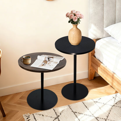 Set of 2 Small Round Side Table Wooden Concentric Circles Coffee Table for Two Metal Pedestal Nightstand for Corner Small Space (Walnut Brown & Black) image 1