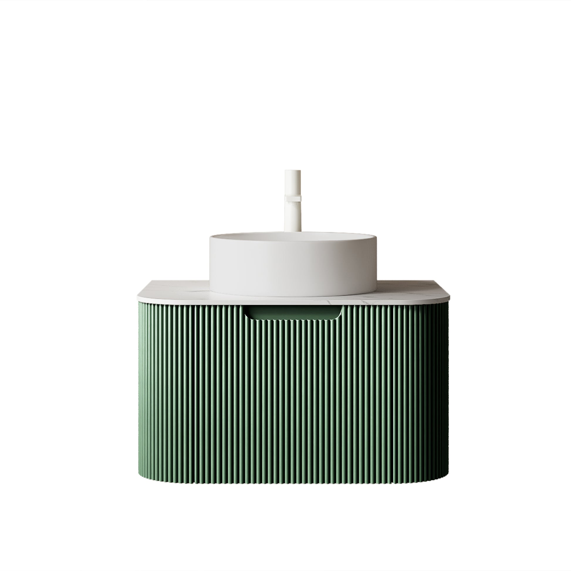 DINA 24" Bathroom Vanity&Sink, Floating Curved Edges Striped Bathroom Storage Plywood Cabinet with Drawer, White Round Ceramic Basin&Carrara White Sintered Stone Top, Pre-assembled, Dark Green Color image 3
