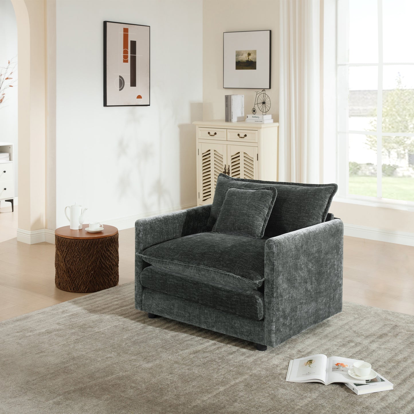 Comfy Deep Single Seat Sofa Upholstered Reading Armchair Living Room Chair Gray Chenille Fabric, 1 Toss Pillow image 2