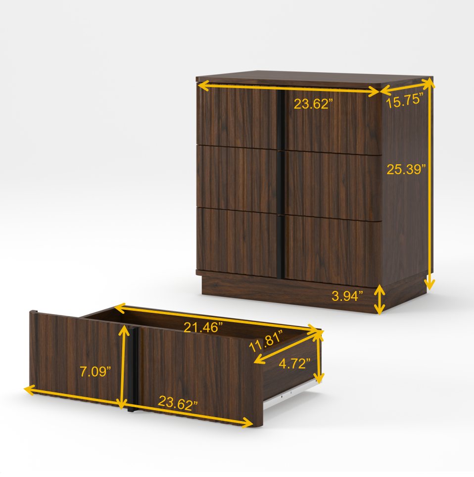 25.39"Vertical Stripe Vintage 3 Drawer Nightstand Cost-Effective Retro Cabinet Furniture Modern Coffee Table,Suitable for Bedroom,Living Room and Home Office,Walnut(Set of 2) image 6