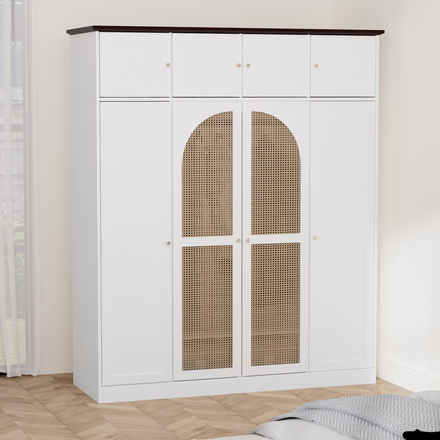 70.87"Tall 8-Door Large Capacity Armoire Wardrobe Closet with Hanging Rod, Adjustable Shelves and Rattan Decorative Doors, Clothing Storage Cabinet for Bedroom, walk-in closet, Living Room, White image 6