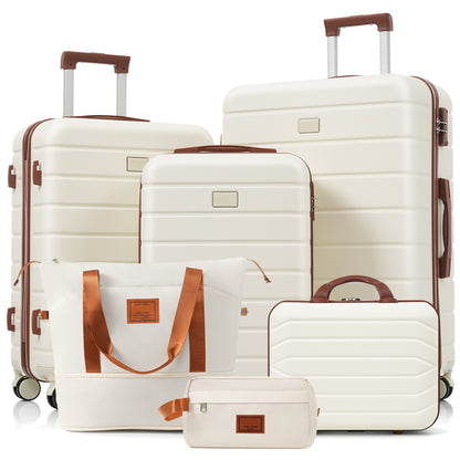 Travelpro Max 6-Piece Hardside Luggage Set with TSA Lock, 14/20/24/28 Inch Spinner Suitcase Set with Expandable Travel Duffel Bag & Waterproof Toiletry Kit, Adjustable Handle (ivory and brown) image 1