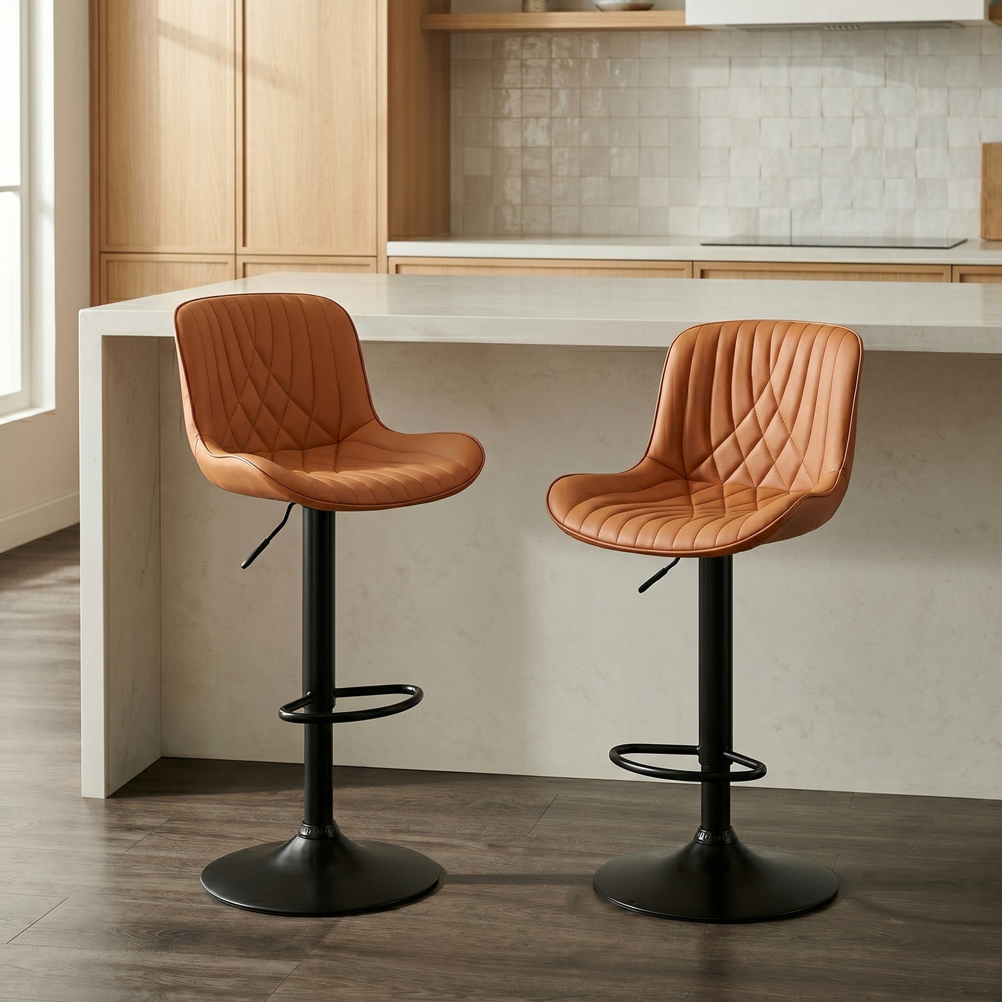 Kovyn Contemporary Adjustable Barstool with Faux Leather Swivel Seats, Set of 2, Camel image 2