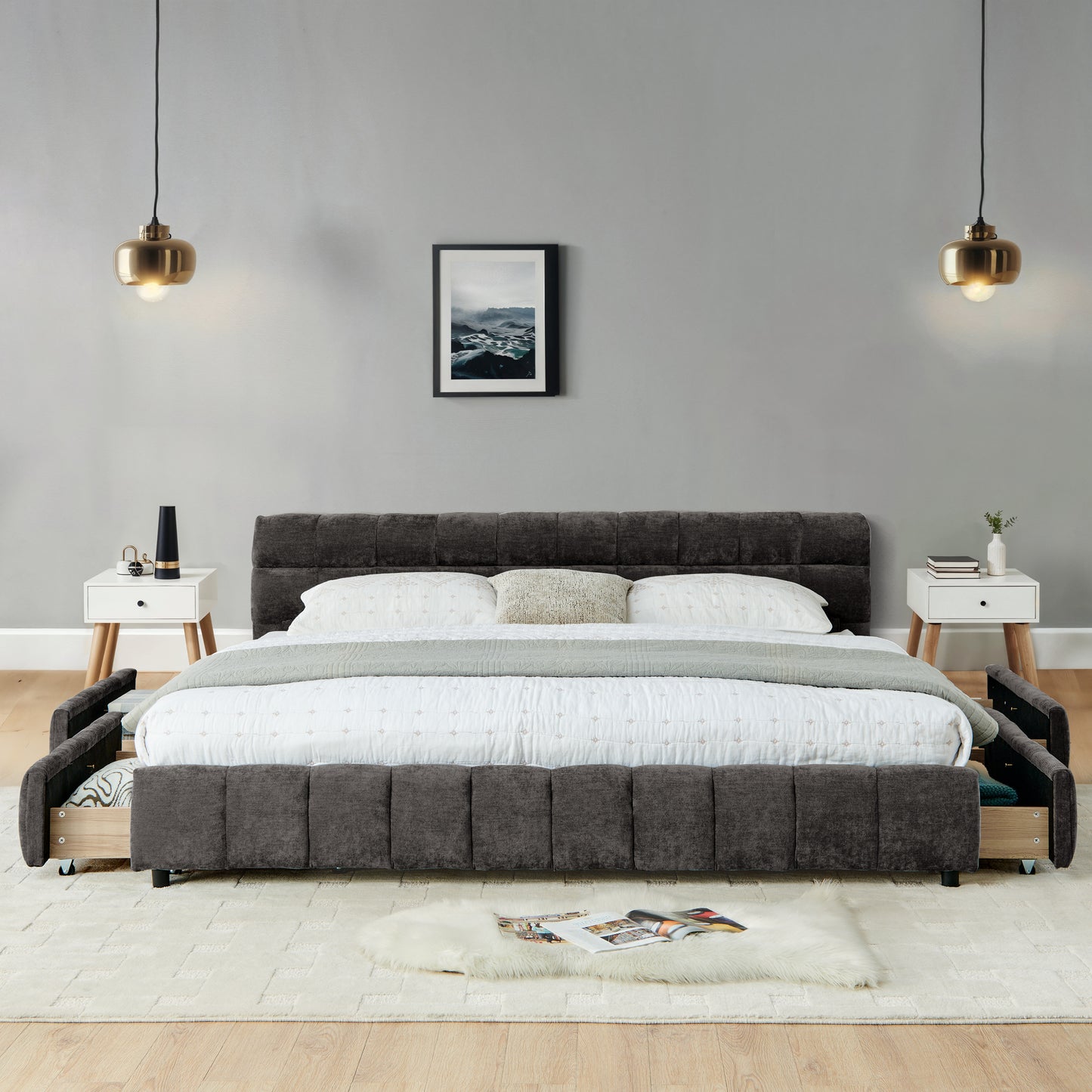 California King size Upholstered Bed,comfortable upholstered bed frame, Chenille fabric, with headboard and solid bed frame. With drawer for storage.-Dark Gray(90.5''*80.5''*31'') image 2