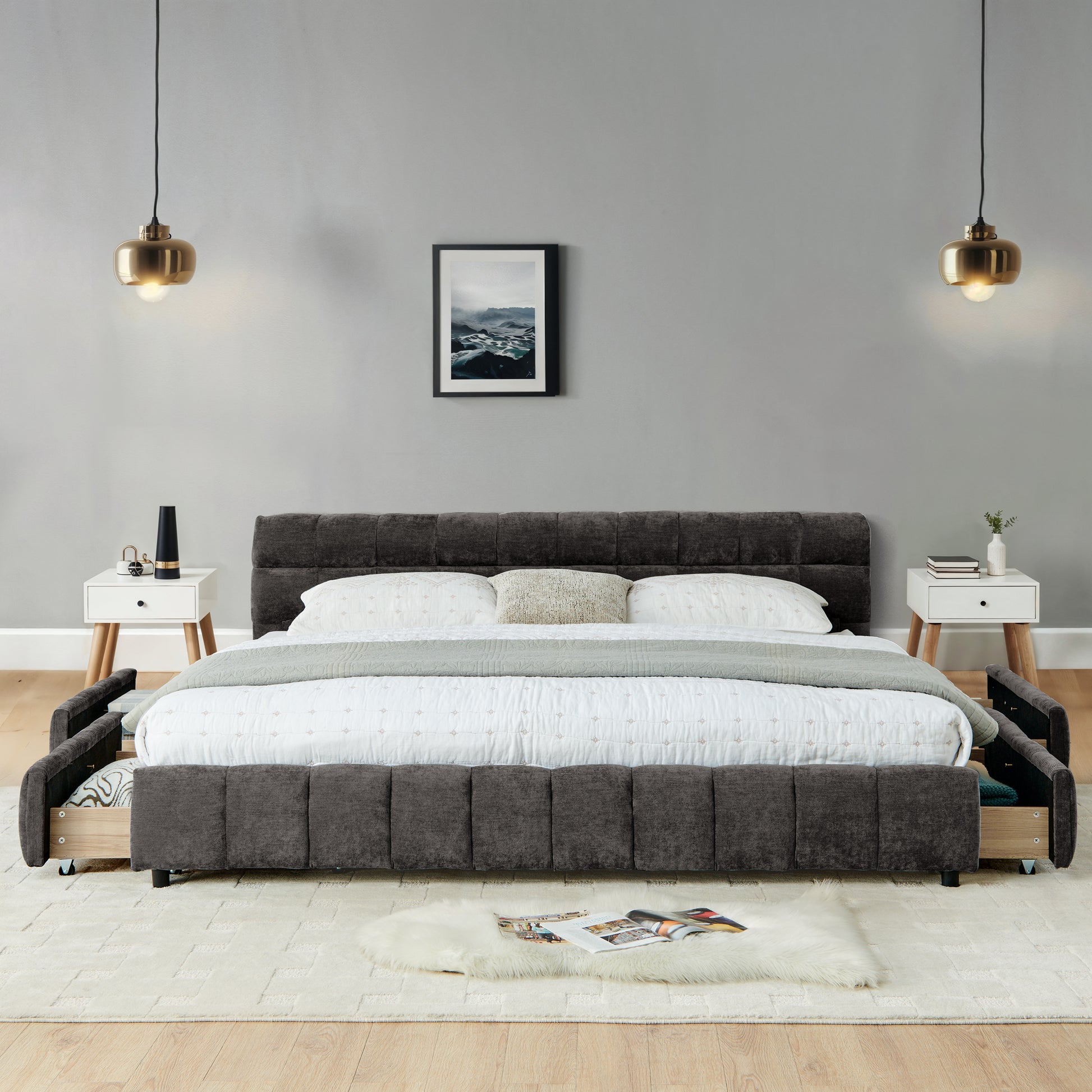 California King size Upholstered Bed,comfortable upholstered bed frame, Chenille fabric, with headboard and solid bed frame. With drawer for storage.-Dark Gray(90.5''*80.5''*31'') image 2
