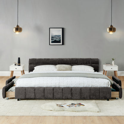 California King size Upholstered Bed,comfortable upholstered bed frame, Chenille fabric, with headboard and solid bed frame. With drawer for storage.-Dark Gray(90.5''*80.5''*31'') image 2
