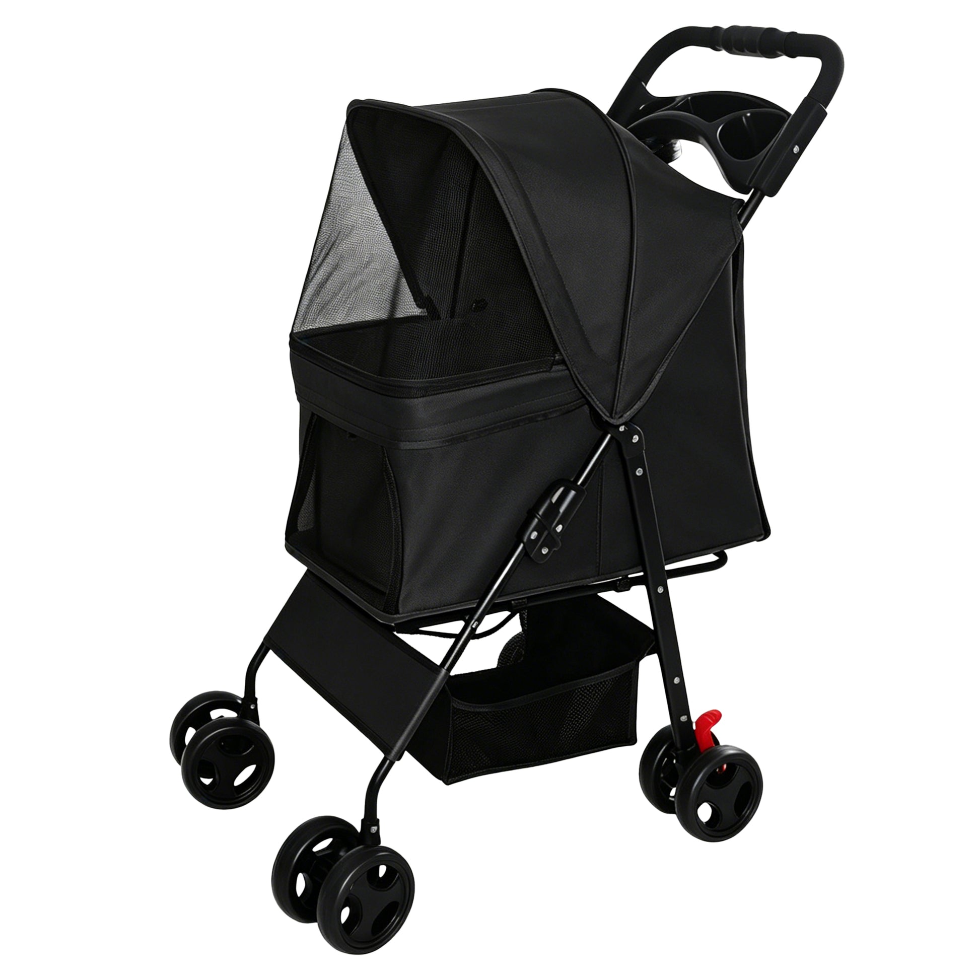 Foldable Pet Stroller for Small Dogs and Cats Under 28 lbs with Multi-Functional Tray, 2 Safety Leashes, Storage Basket & Breathable Mesh, 4 Wheels Pet Stroller, Black image 1