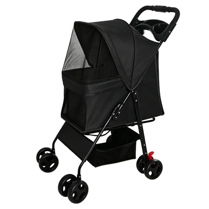 Foldable Pet Stroller for Small Dogs and Cats Under 28 lbs with Multi-Functional Tray, 2 Safety Leashes, Storage Basket & Breathable Mesh, 4 Wheels Pet Stroller, Black image 1