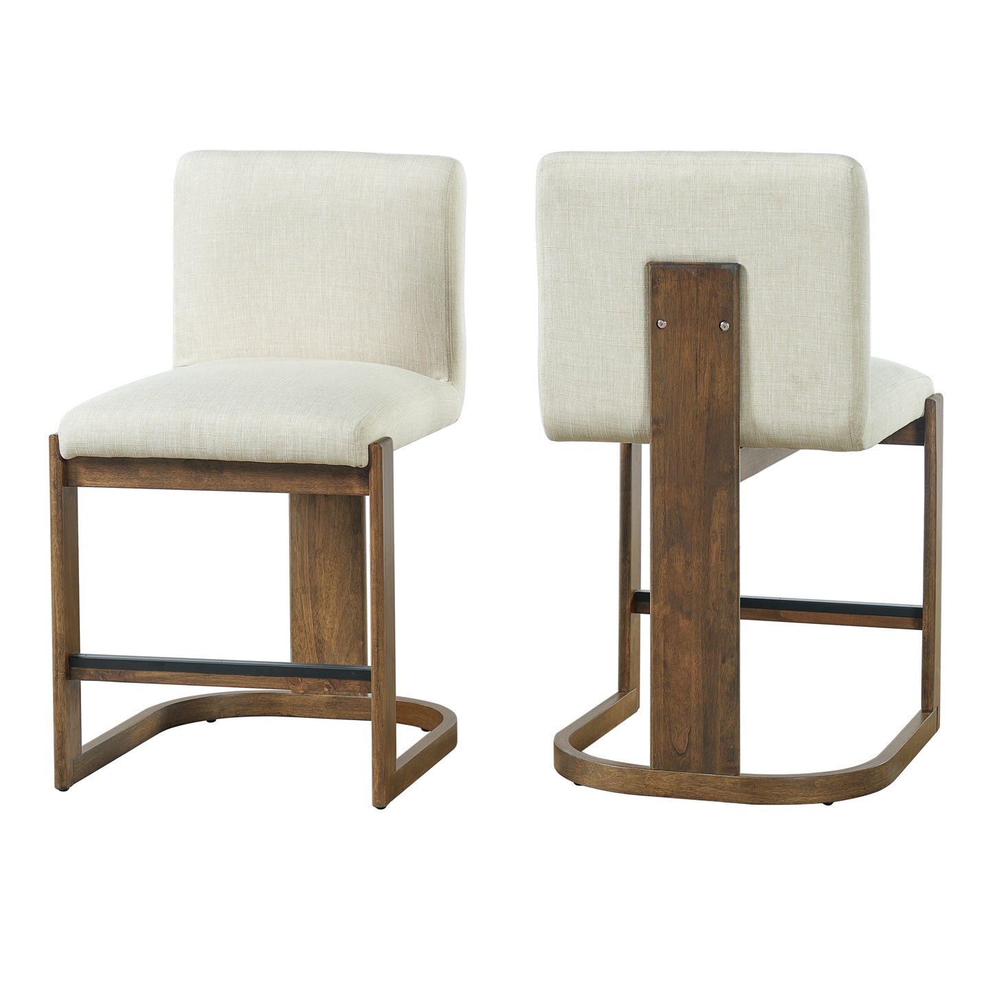 Modern Bar Stools Set of 2, 24" Solid Wood Counter Height Barstools, Linen Upholstered Kitchen Island Chair With Walnut-Finished Wood Legs for Home Bar Coffee Shop,Beige image 4