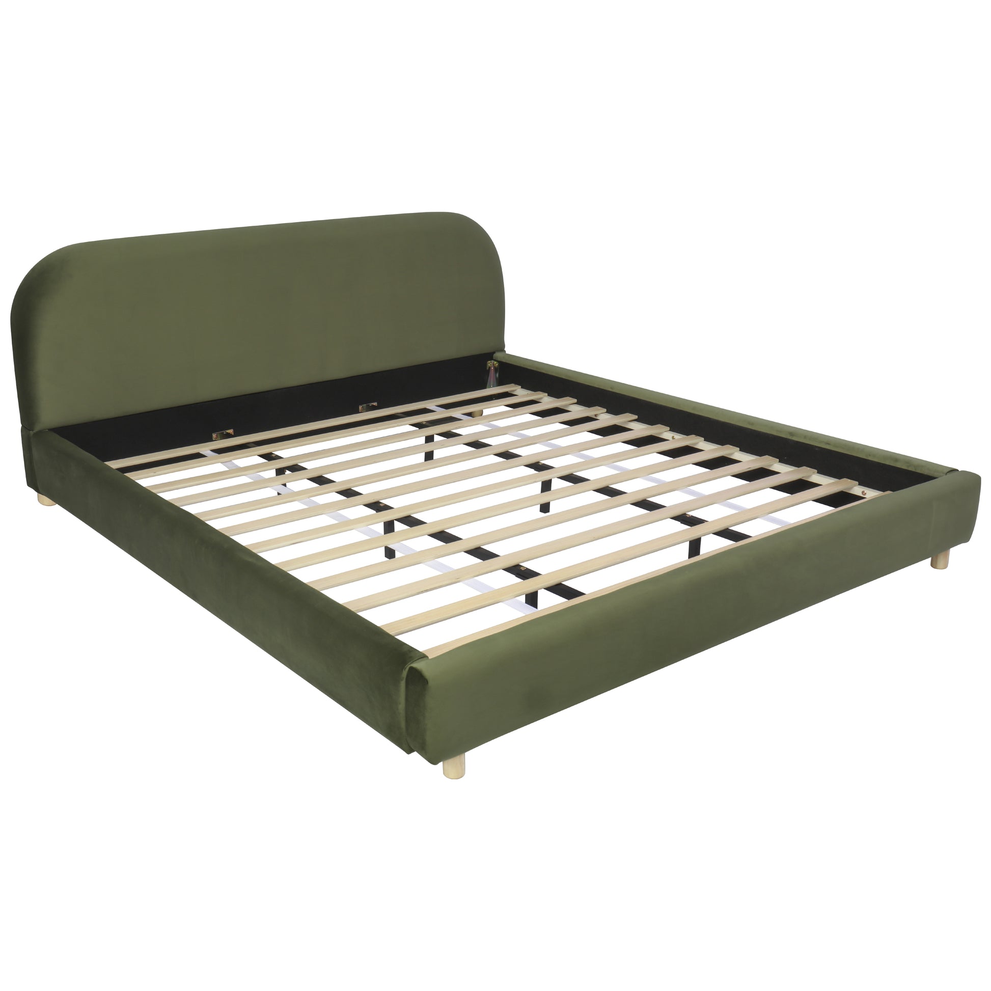 California King Size Upholstered Bed Frame With Velvet Fabric And Curve Design Thick Headboard, Solid Wood Legs, Olive Green image 9