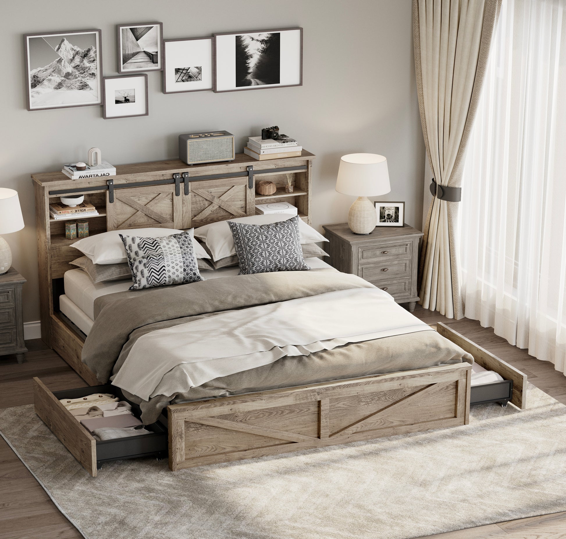 Farmhouse Bed Frame King Size with LED Lights and Charging Station, Wooden KING Bed with 2 Storage Drawers, Rustic Headboard with Sliding Barn Door Storage Cabinets image 2