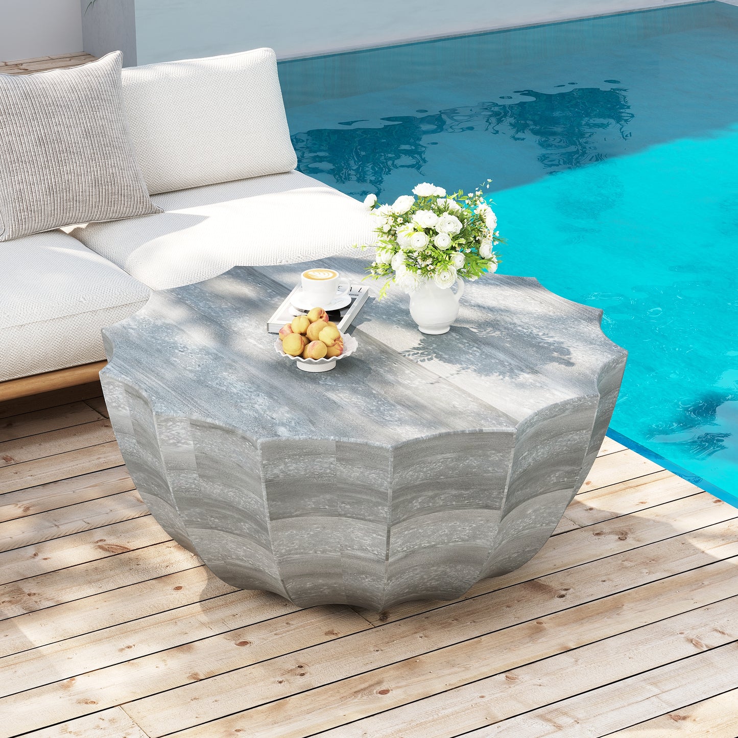 35.43" Modern Outdoor and Indoor Waterproof Coffee Table, Durable MgO Cement Design, Suitable for Terraces, Gardens, Backyards and Living Rooms (Marble white) image 1